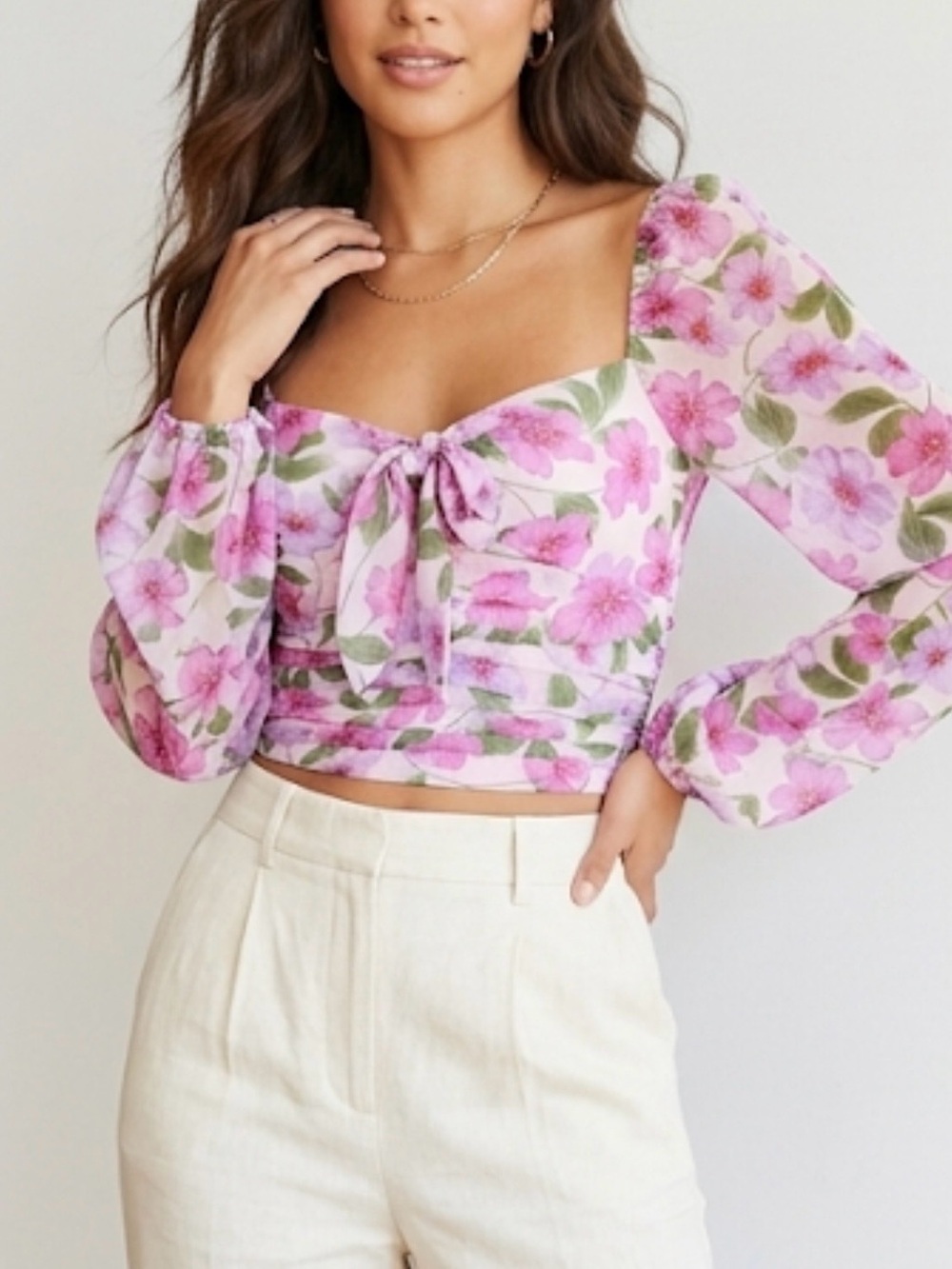 GB Pink Floral Tie-Front Puff Sleeve Crop Top size S